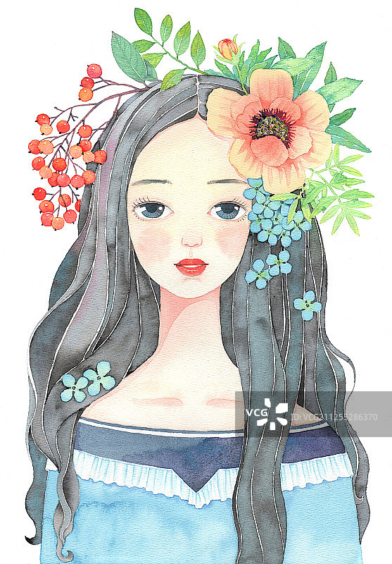 唯美水彩人物插画-头上别着花的美丽的女孩图片素材