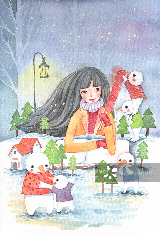 唯美水彩人物插画-拿着冰糖葫芦的女孩和雪地上的雪人图片素材