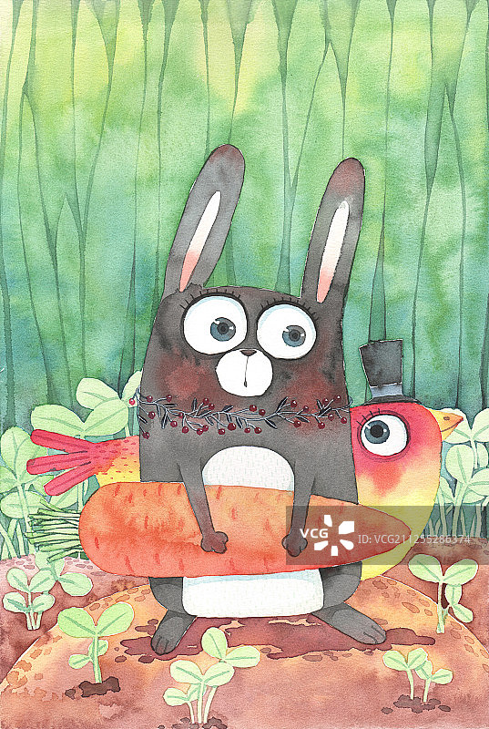 唯美水彩动物插画-拿着红萝卜的兔子图片素材