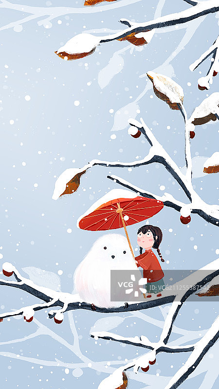 冬季下雪天给白色山雀撑伞的红衣小女孩儿手绘插画竖版图片素材