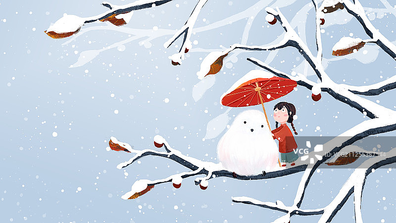 冬季下雪天给白色山雀撑伞的红衣小女孩儿手绘插画横版图片素材