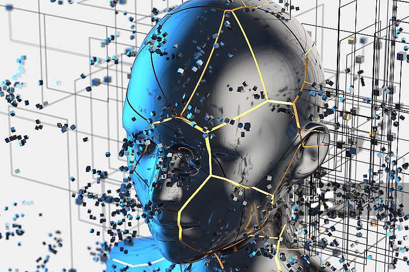 蓝色金属人物头部与粒子 三维渲染图片素材