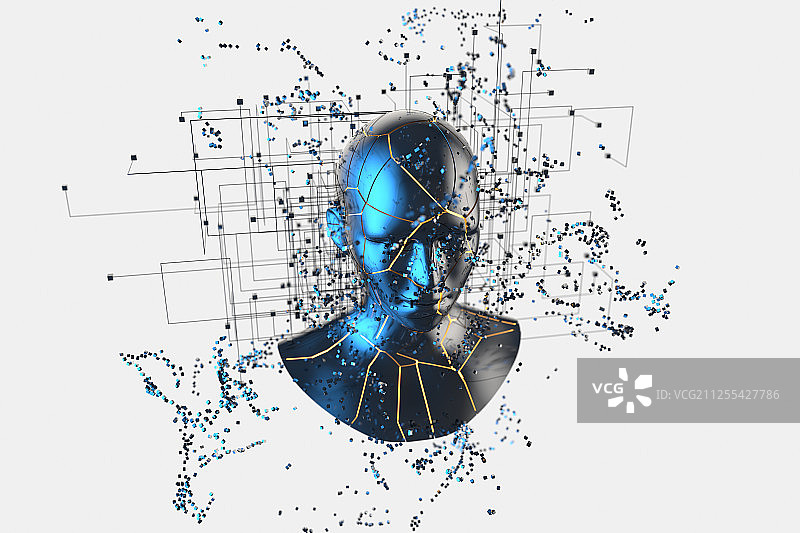 蓝色金属人物头部与粒子 三维渲染图片素材