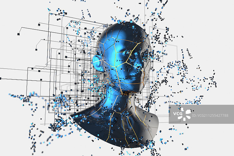 蓝色金属人物头部与粒子 三维渲染图片素材
