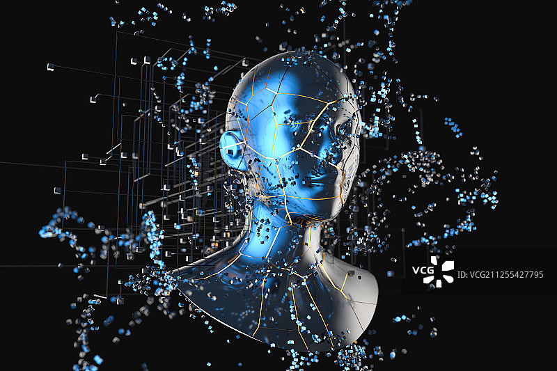 蓝色金属人物头部与粒子 三维渲染图片素材