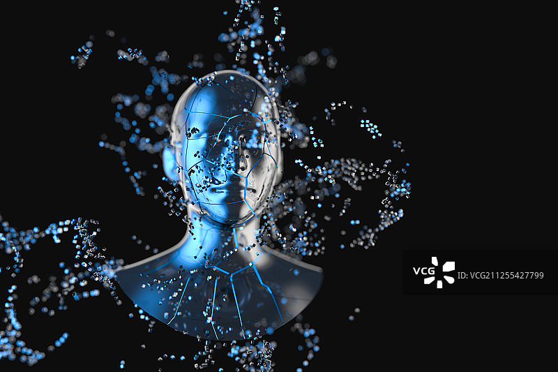 蓝色金属人物头部与粒子 三维渲染图片素材