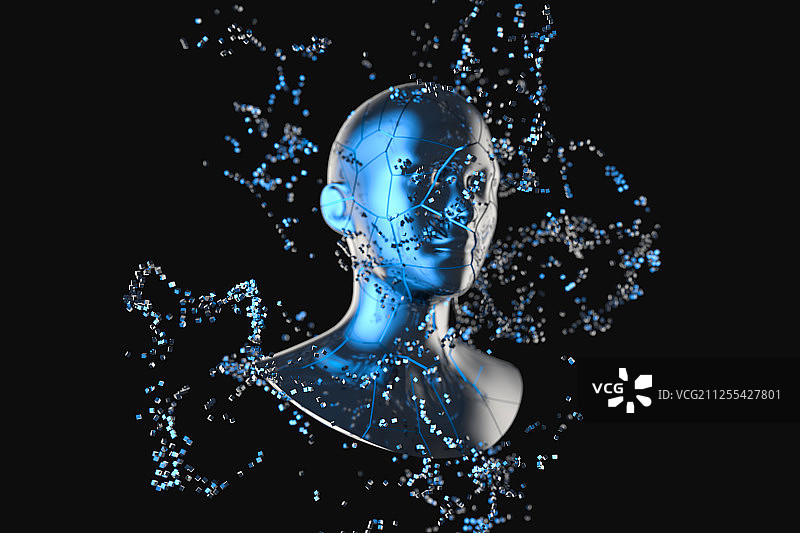 蓝色金属人物头部与粒子 三维渲染图片素材