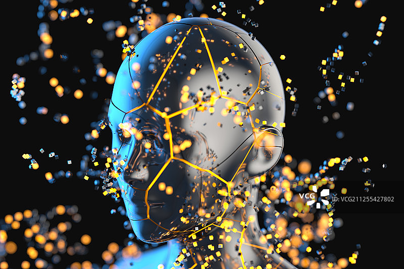 蓝色金属人物头部与粒子 三维渲染图片素材