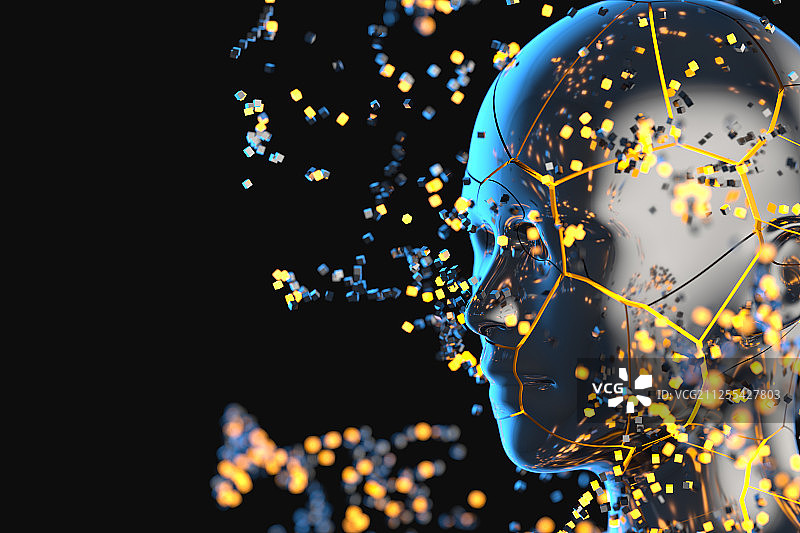 蓝色金属人物头部与粒子 三维渲染图片素材