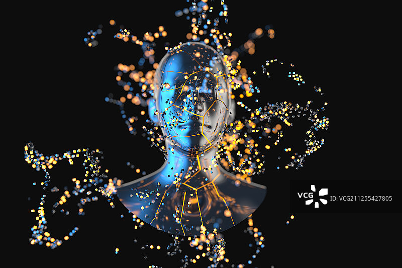 蓝色金属人物头部与粒子 三维渲染图片素材