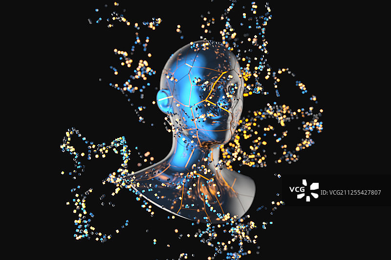 蓝色金属人物头部与粒子 三维渲染图片素材