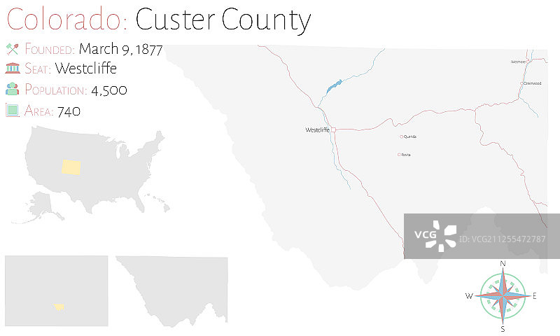 科罗拉多州卡斯特县地图图片素材