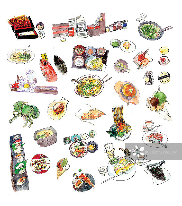 插画：手绘水彩手账速写—日本美食合集图片素材