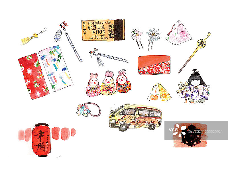 插画：手绘水彩旅行手账速写—日本纪念品礼物图片素材