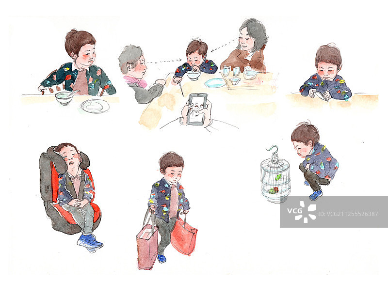 插画：水彩手绘儿童速写日常生活图片素材