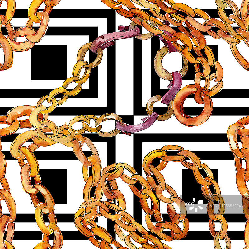 金色链条腰带素描，水彩风格的时尚魅力插画，无缝背景图案图片素材