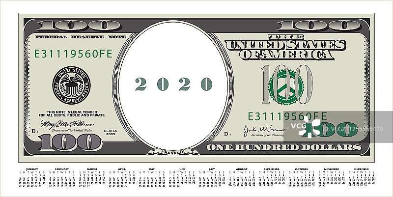 一张带有2020年日历的100美元钞票图片素材