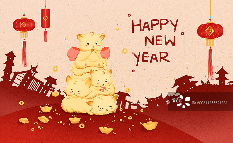 几只仓鼠叠在一起旁边有散落的金元宝 中国风剪影背景插画图片素材