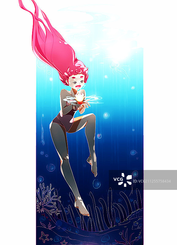 卡通女孩与海图片素材