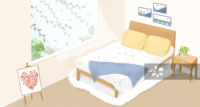 手绘温馨风格大窗户室内装修插画图片素材