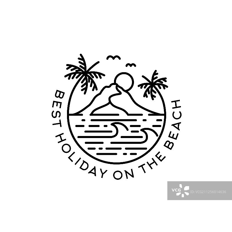 带有棕榈树和山脉徽章标志的海滩图片素材