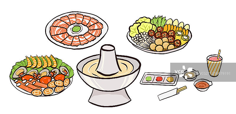 火锅及食材海鲜肉卷蔬菜 手绘插画图片素材