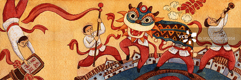 水彩手绘中国传统民间艺术舞狮图片素材