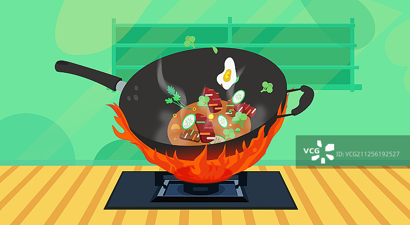 一口锅里炒着美味的菜图片素材