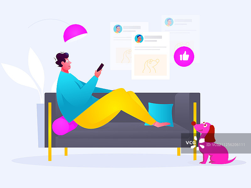 在沙发上刷朋友圈查看发的照片获得点赞数，概念插画图片素材
