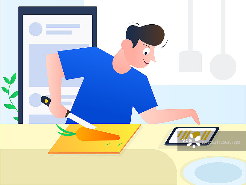 通过做菜app现场学习做菜的男生，概念插画图片素材