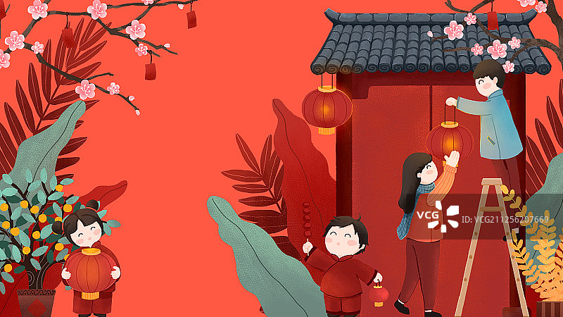 新年一家四口在青瓦红门前挂灯笼喜迎新春手绘插画图片素材