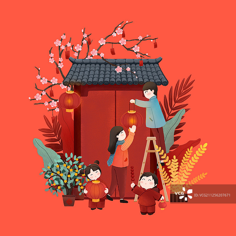新年一家四口在青瓦红门前挂灯笼喜迎新春手绘插画图片素材