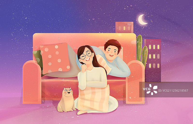 情侣牵手坐在沙发上开心的笑着图片素材