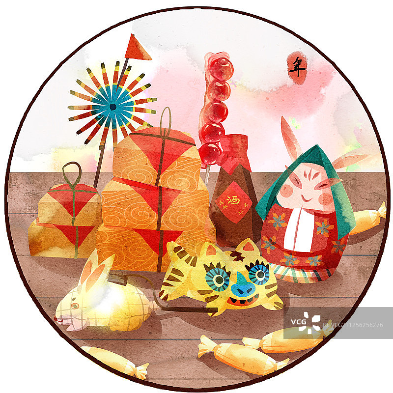 水彩风格春节习俗买年货插画图片素材