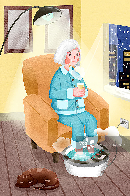 冬季老年人在家中泡脚养生插画图片素材