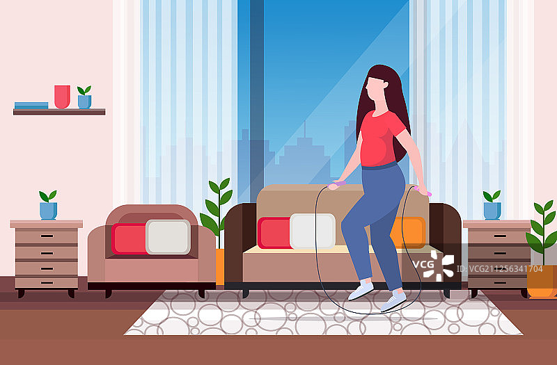 用跳绳做运动的肥胖女人图片素材