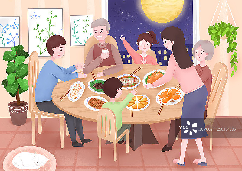 全家坐在餐桌上一起吃饭 手绘插画图片素材