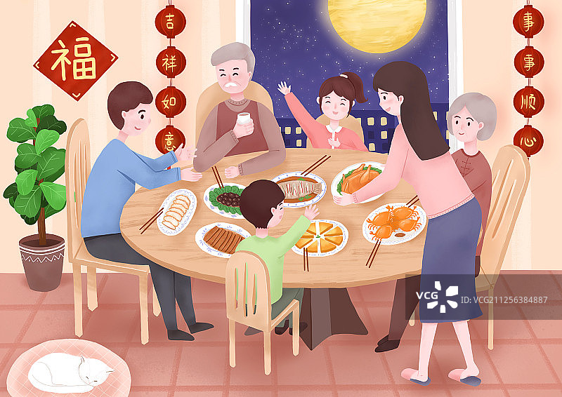 过年时期全家人在一起吃年夜饭 手绘插画图片素材