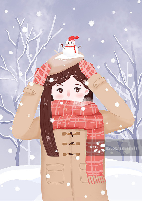 一个长发少女站在冬天的雪地中 可爱风格手绘插画图片素材