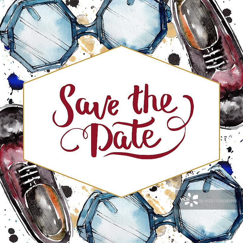 时尚的素描在水彩风格的元素。水彩背景插图集。边框装饰方形。图片素材