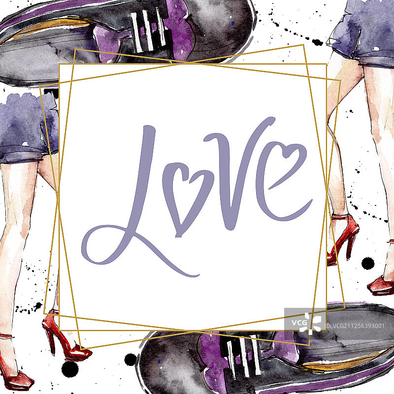 时尚的素描在水彩风格的元素。水彩背景插图集。边框装饰方形。图片素材