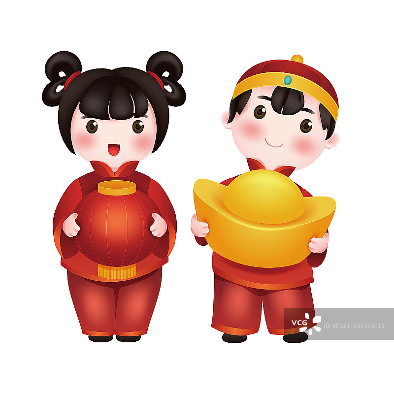 新年抱着灯笼的女孩与抱着元宝的男孩福娃喜迎新春插画图片素材