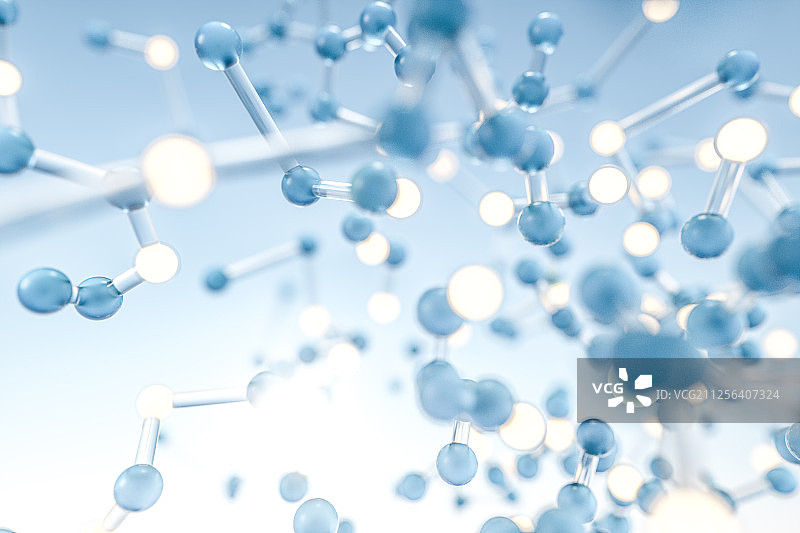分子球体连接线条与蓝色背景 三维渲染图片素材