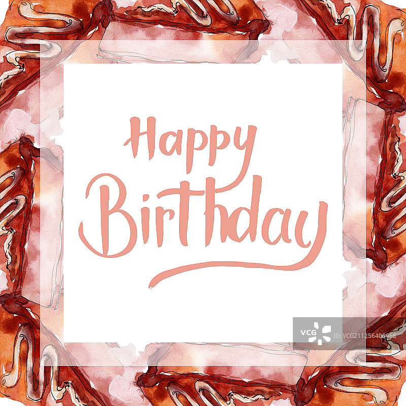 水彩风格的美食蛋糕和面包。水彩背景插图集。框架边框装饰方块图片素材