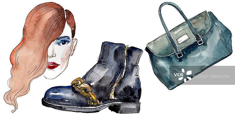 时尚素描魅力插画在水彩风格孤立元素。水彩背景设置。图片素材