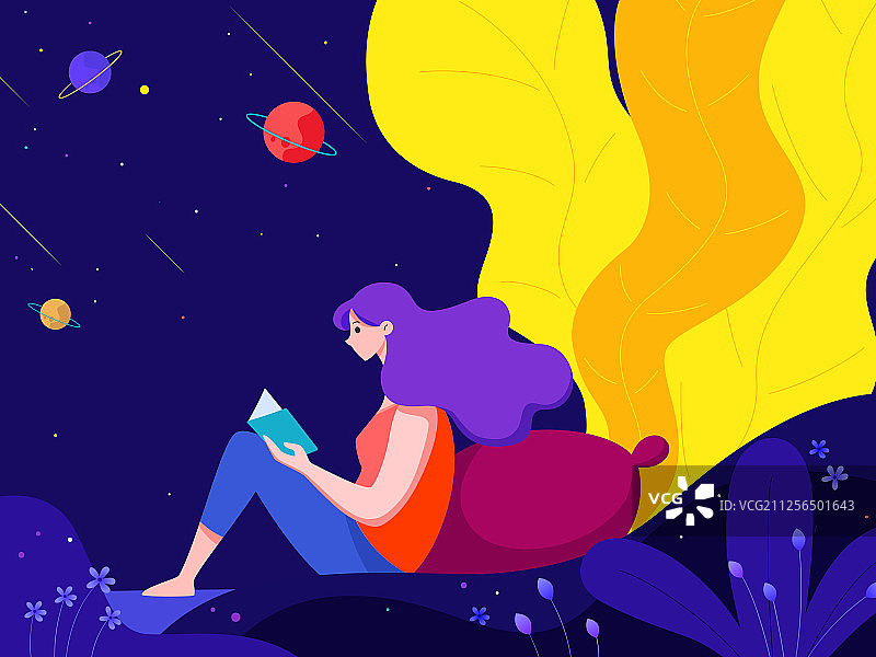 一个女孩在室外的星空下看书图片素材