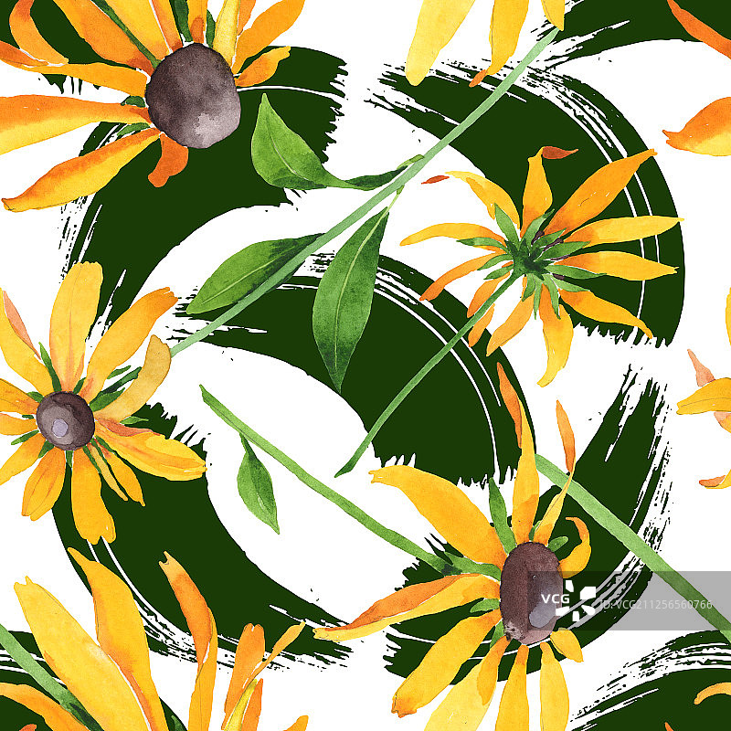 金光菊植物花卉水彩背景插图，无缝背景图案图片素材