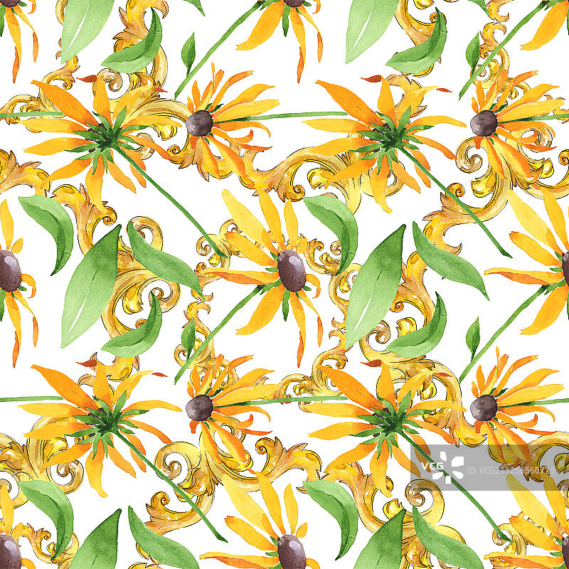 金光菊植物花卉水彩背景插图，无缝背景图案图片素材