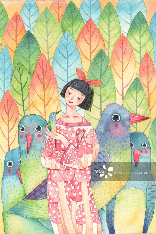 唯美水彩手绘插画-穿着唐服的女孩图片素材