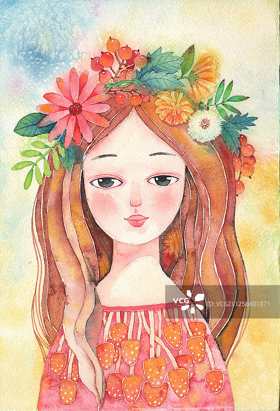 唯美水彩手绘插画-对面美女的女孩图片素材